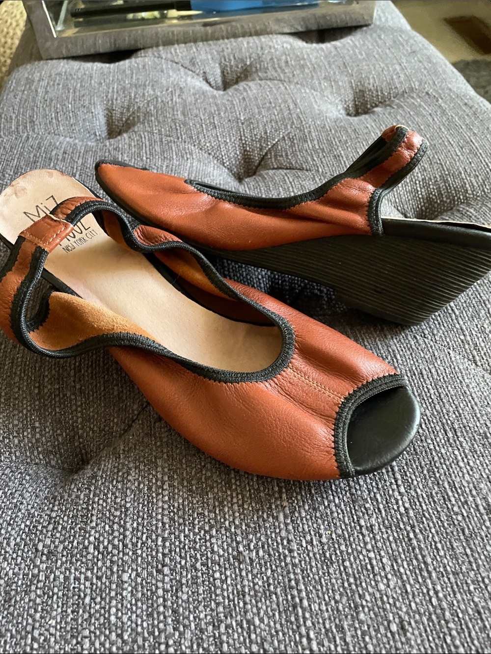 Miz mooz dory brown Leather Peep-Toe Slingback Wedge with Black Trim- new